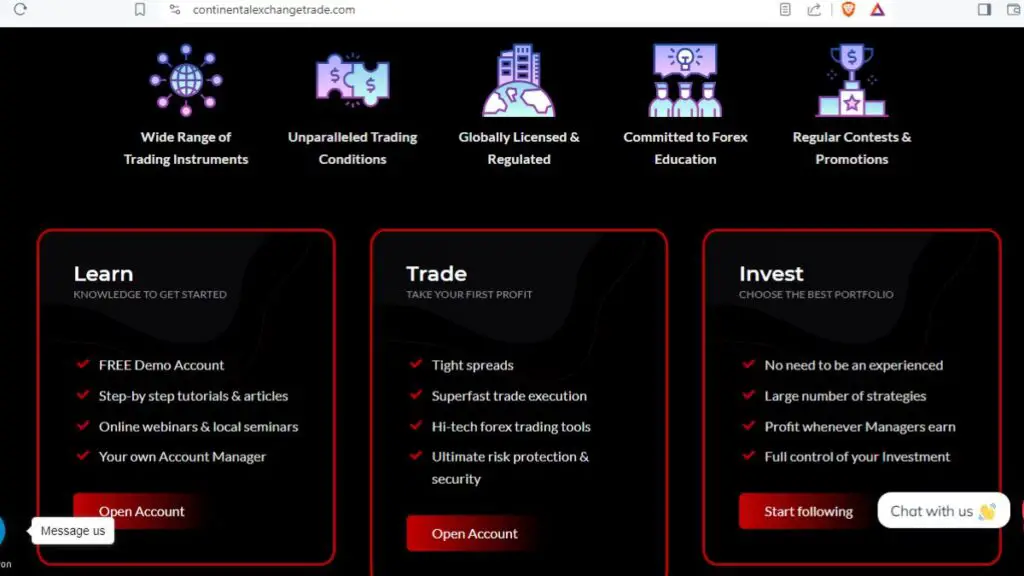 Screenshot taken from Continentalexchangetrade webpage to show its business claim in this Continentalexchangetrade.com review.