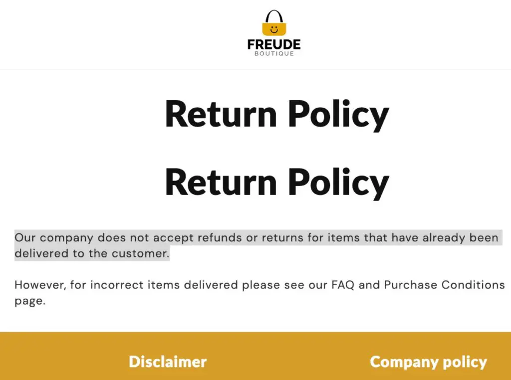 Freudeboutique - return policy page.