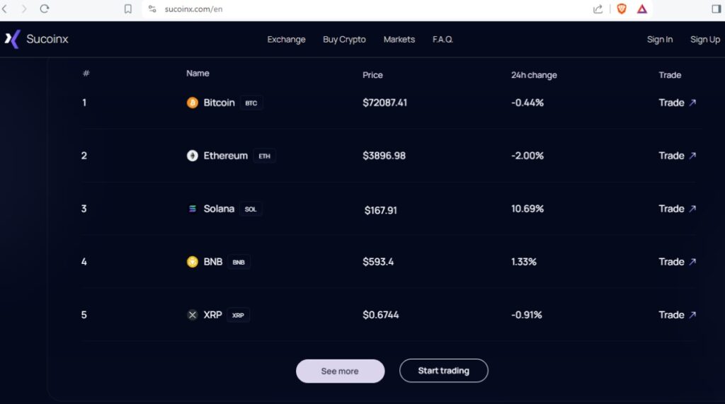 Screenshot taken from Sucoinx webpage to show its business claim in this Sucoinx.com review.