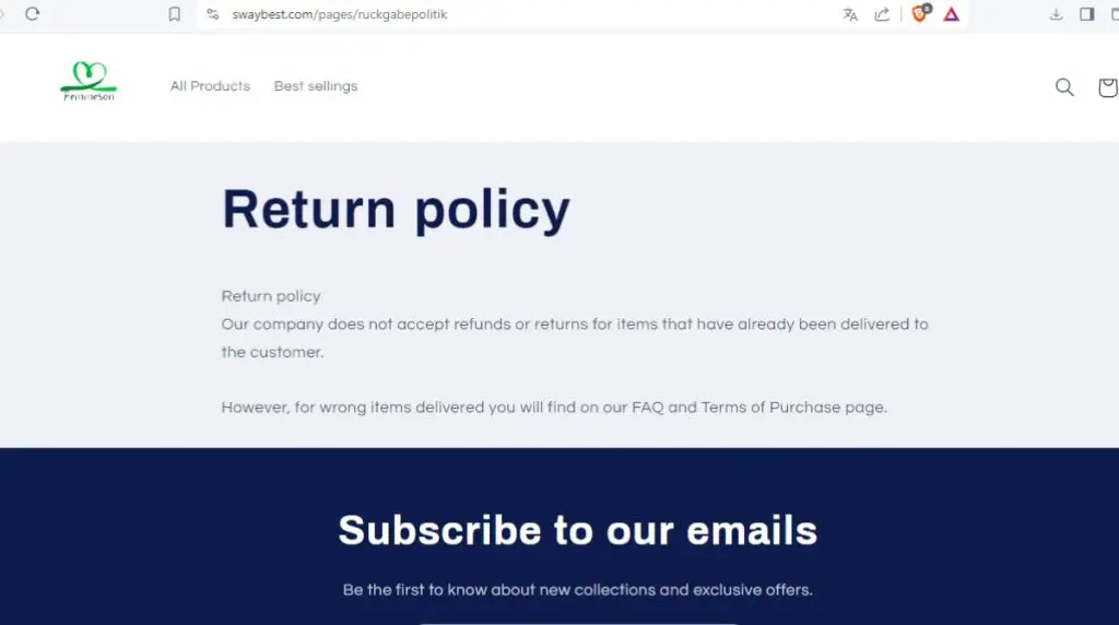 Swaybest - return policy page.