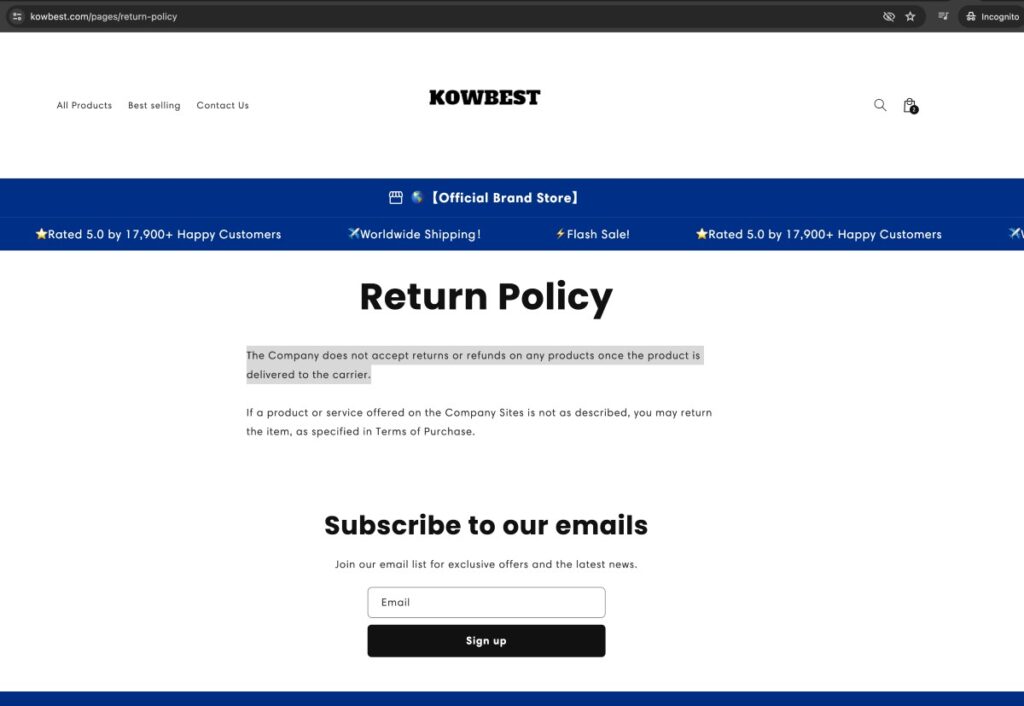 Kowbest - confusing return policy page.