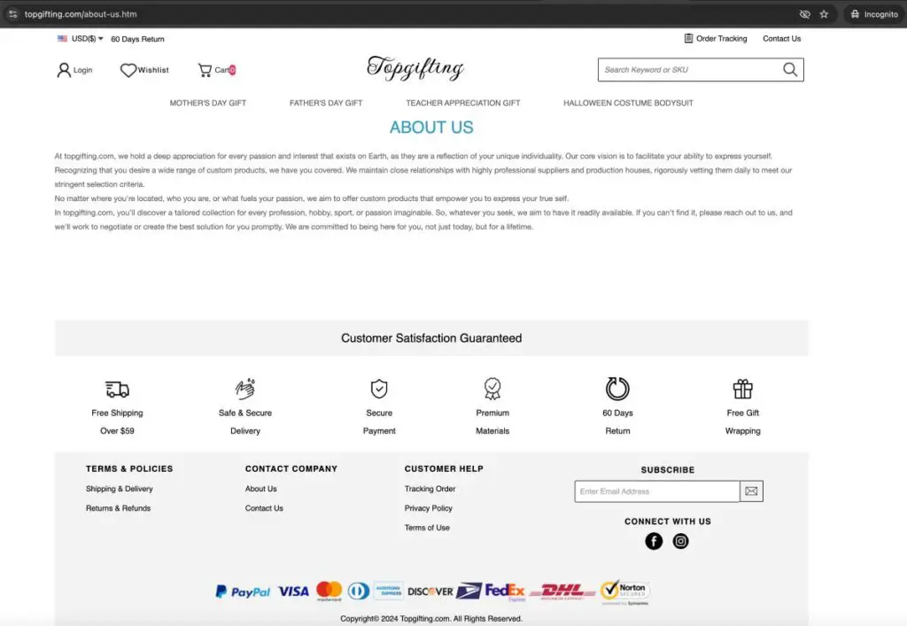 Topgifting complaints. Topgifting review. Topgifting - similar content on about us page